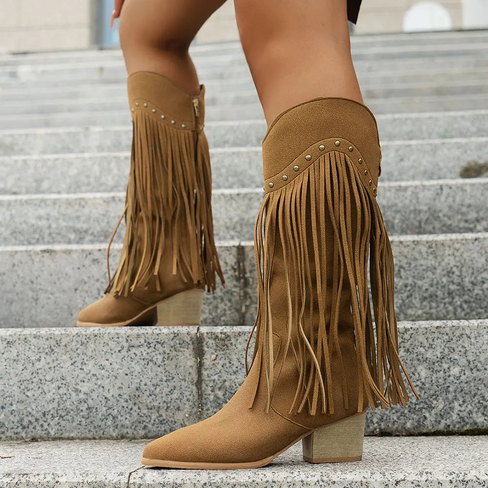 Women's Wide Calf Fringe Side Zip Western Cowboy Boots