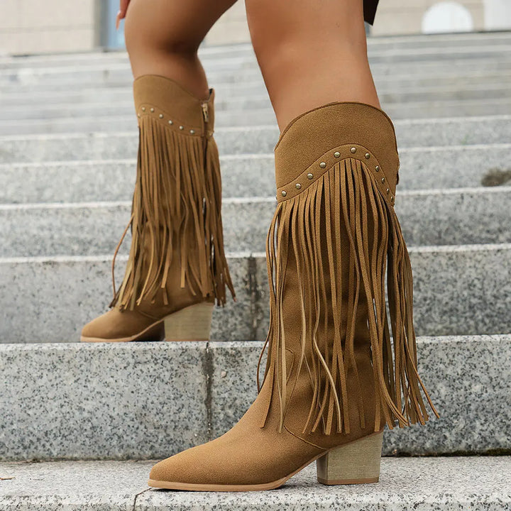 Women's Wide Calf Fringe Side Zip Western Cowboy Boots