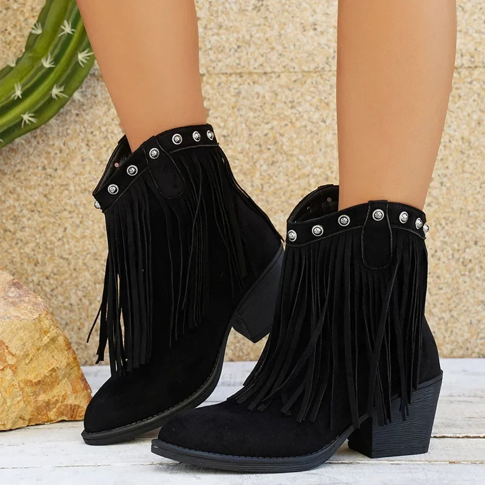 Women's Wide Calf Fringe Side Zip Western Cowboy Boots