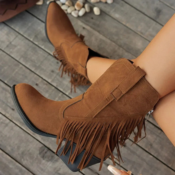 Women's Wide Calf Fringe Side Zip Western Cowboy Boots