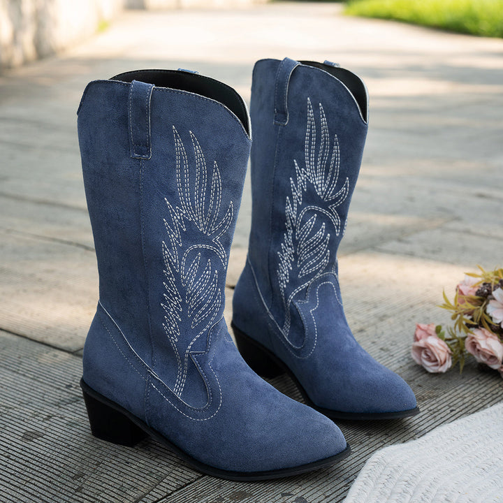 Women's Wide Calf Navy Block Heel Cowboy Western Boots
