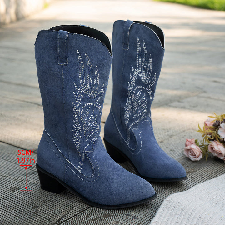 Women's Wide Calf Navy Block Heel Cowboy Western Boots
