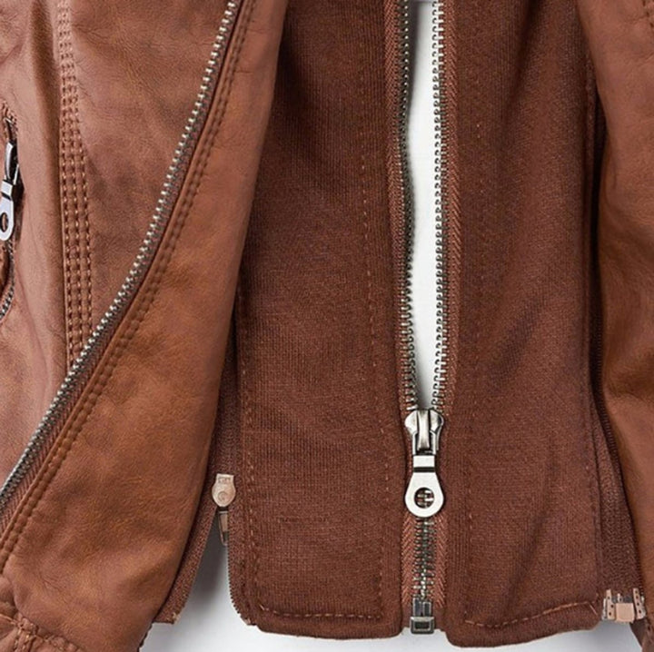 Women's Zip Pocket Hooded Faux Leather Moto Jacket