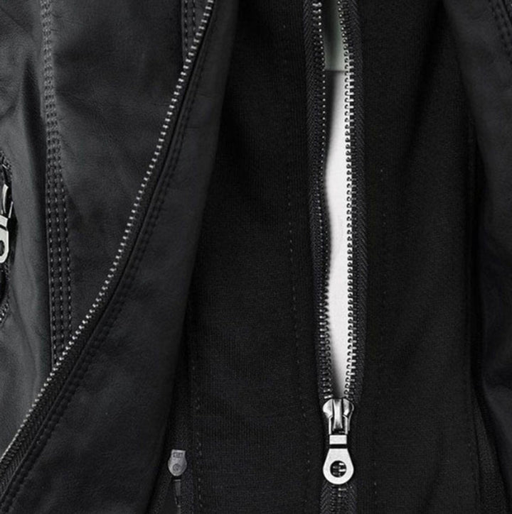 Women's Zip Pocket Hooded Faux Leather Moto Jacket