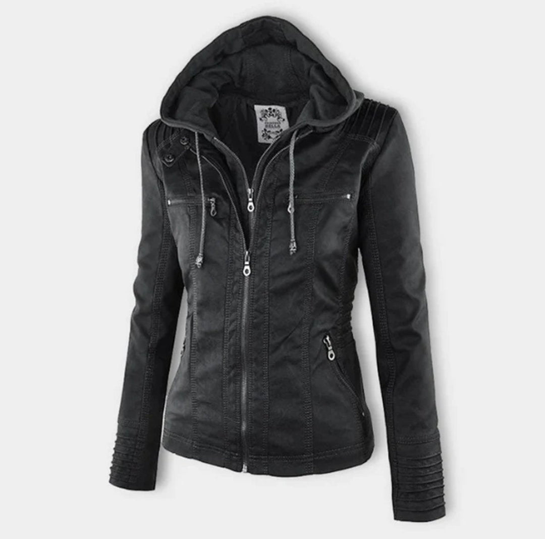 Women's Zip Pocket Hooded Faux Leather Moto Jacket