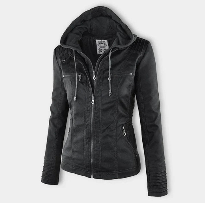 Women's Zip Pocket Hooded Faux Leather Moto Jacket