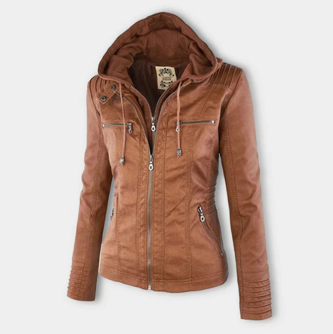 Women's Zip Pocket Hooded Faux Leather Moto Jacket