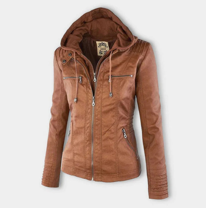 Women's Zip Pocket Hooded Faux Leather Moto Jacket