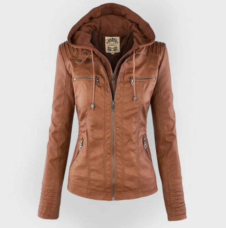 Women's Zip Pocket Hooded Faux Leather Moto Jacket