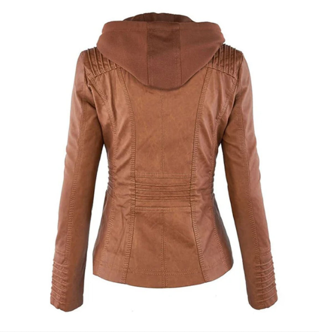 Women's Zip Pocket Hooded Faux Leather Moto Jacket