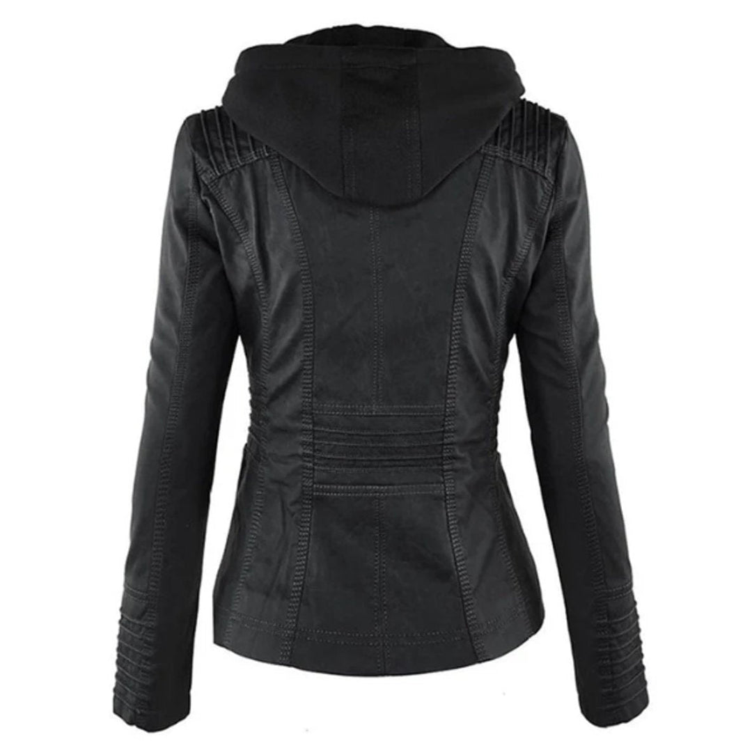 Women's Zip Pocket Hooded Faux Leather Moto Jacket