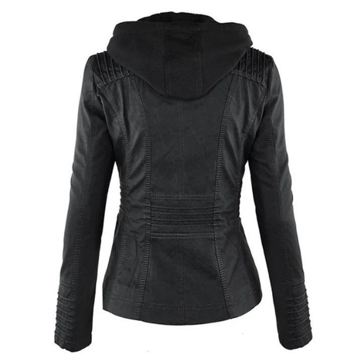 Women's Zip Pocket Hooded Faux Leather Moto Jacket