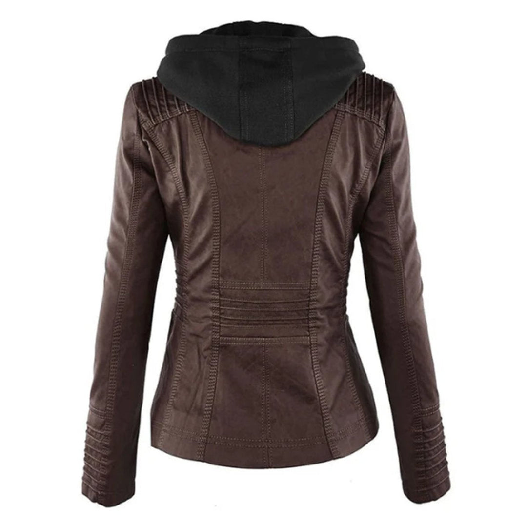 Women's Zip Pocket Hooded Faux Leather Moto Jacket