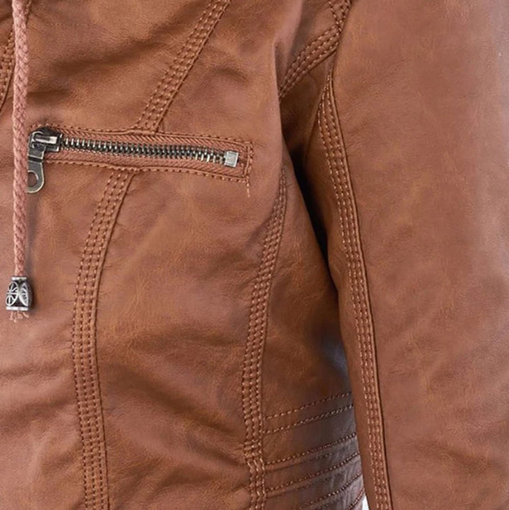 Women's Zip Pocket Hooded Faux Leather Moto Jacket
