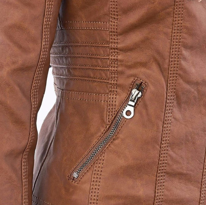 Women's Zip Pocket Hooded Faux Leather Moto Jacket