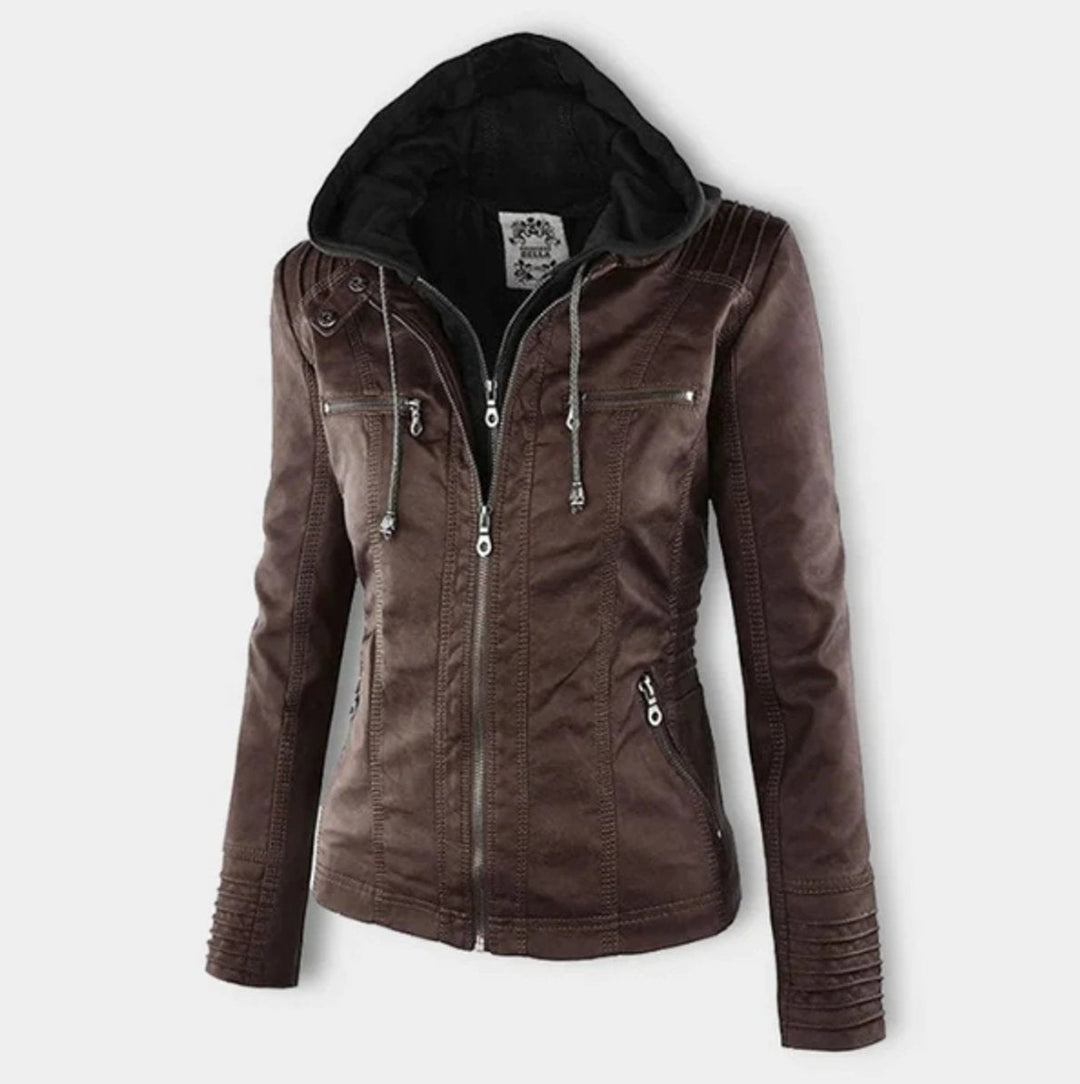 Women's Zip Pocket Hooded Faux Leather Moto Jacket