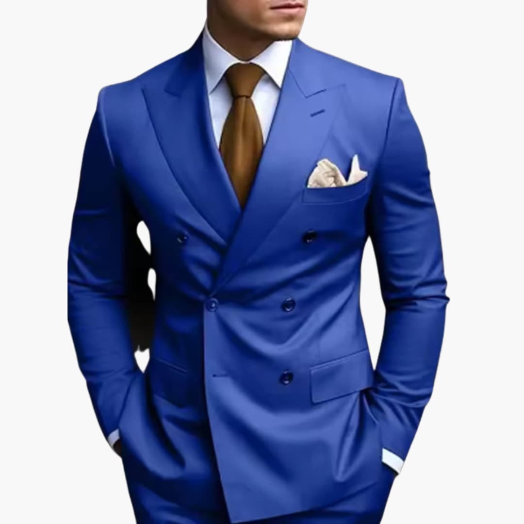 Royal blue double-breasted formal suit with peak lapel front