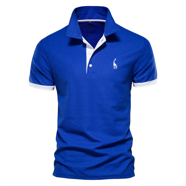 Royal blue short-sleeved polo shirt with white collar and cuff trim