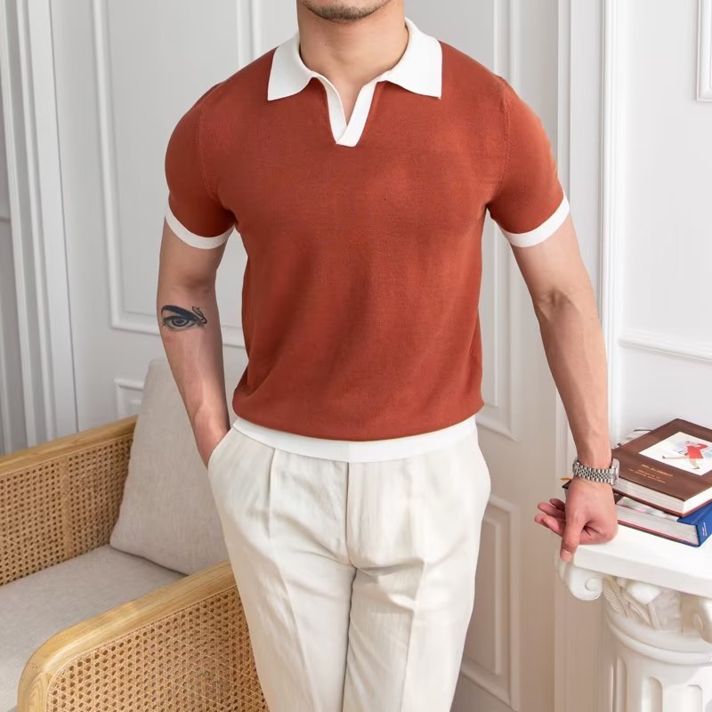Rust red short sleeve polo shirt with white ribbed cuffs and collar, regular fit front view