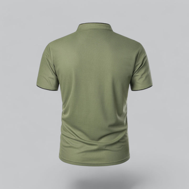 Sage green collarless polo shirt back view with trim detail