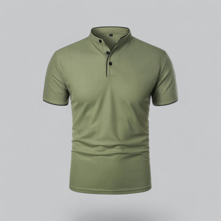 Sage green short sleeve collarless polo with contrast trim front