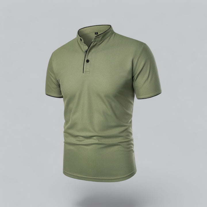 Sage green short sleeve collarless polo shirt side angle