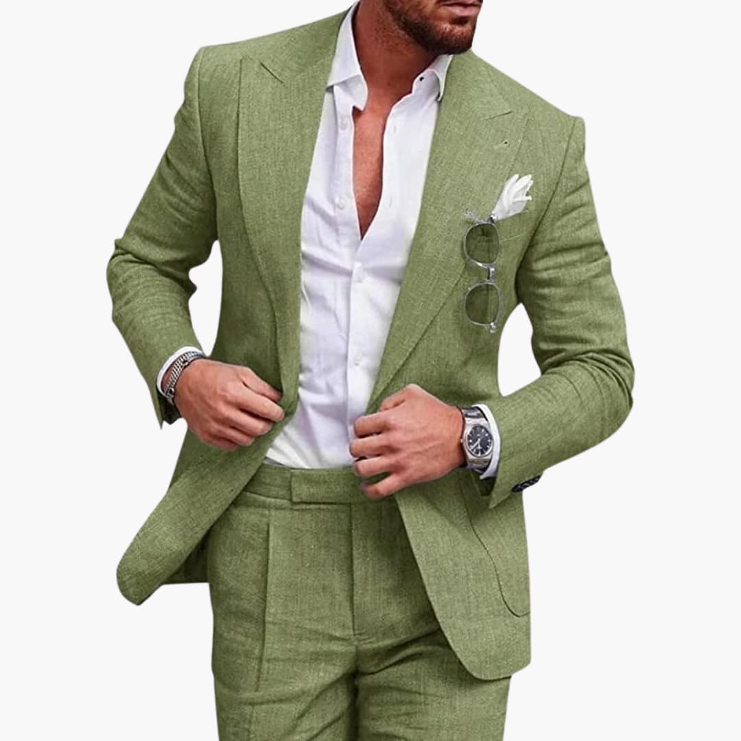 Sage green tailored two-piece suit with structured blazer front