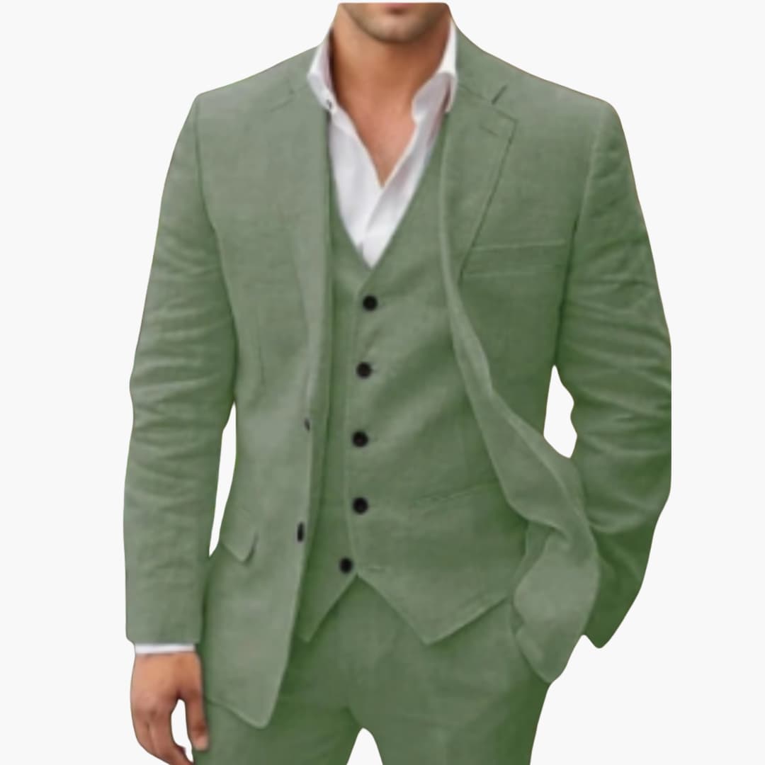 Sage green three-piece suit with blazer, vest, and coordinating trousers