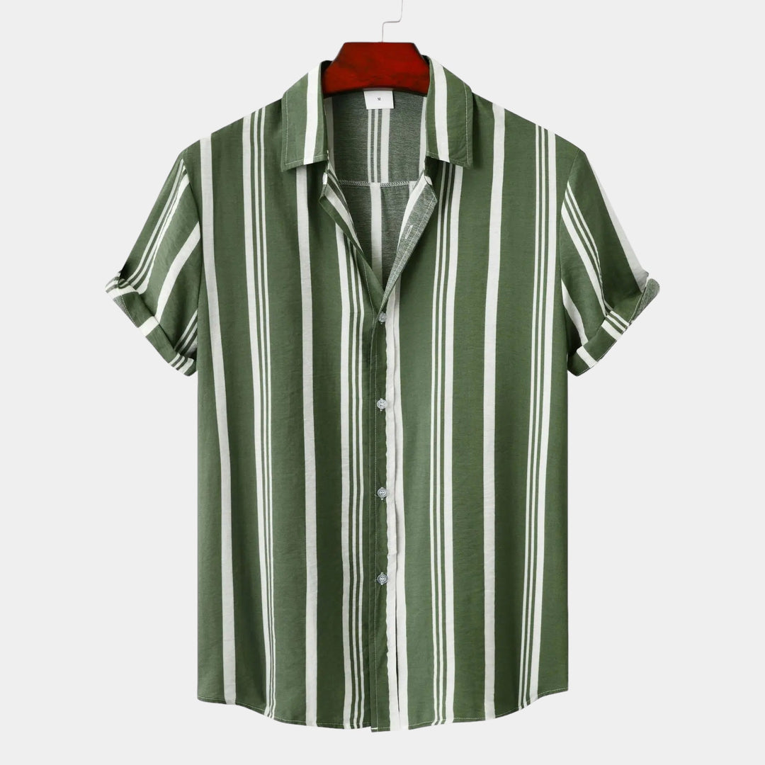 Back view of sage green striped short sleeve shirt with white lines