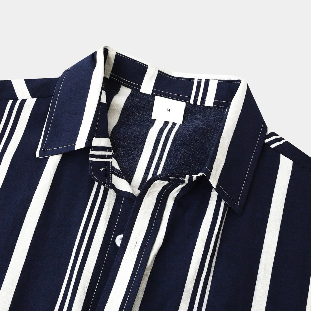 Sage green and white vertical striped short sleeve button-up shirt