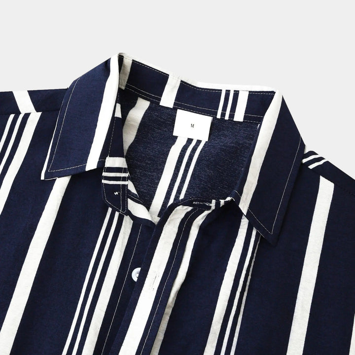 Sage green and white vertical striped short sleeve button-up shirt