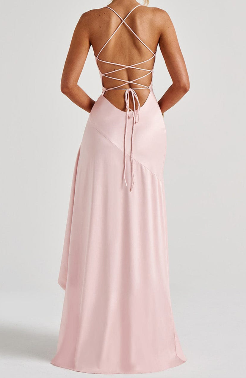 Women light pink satin maxi dress, full back view showing criss-cross lace-up straps