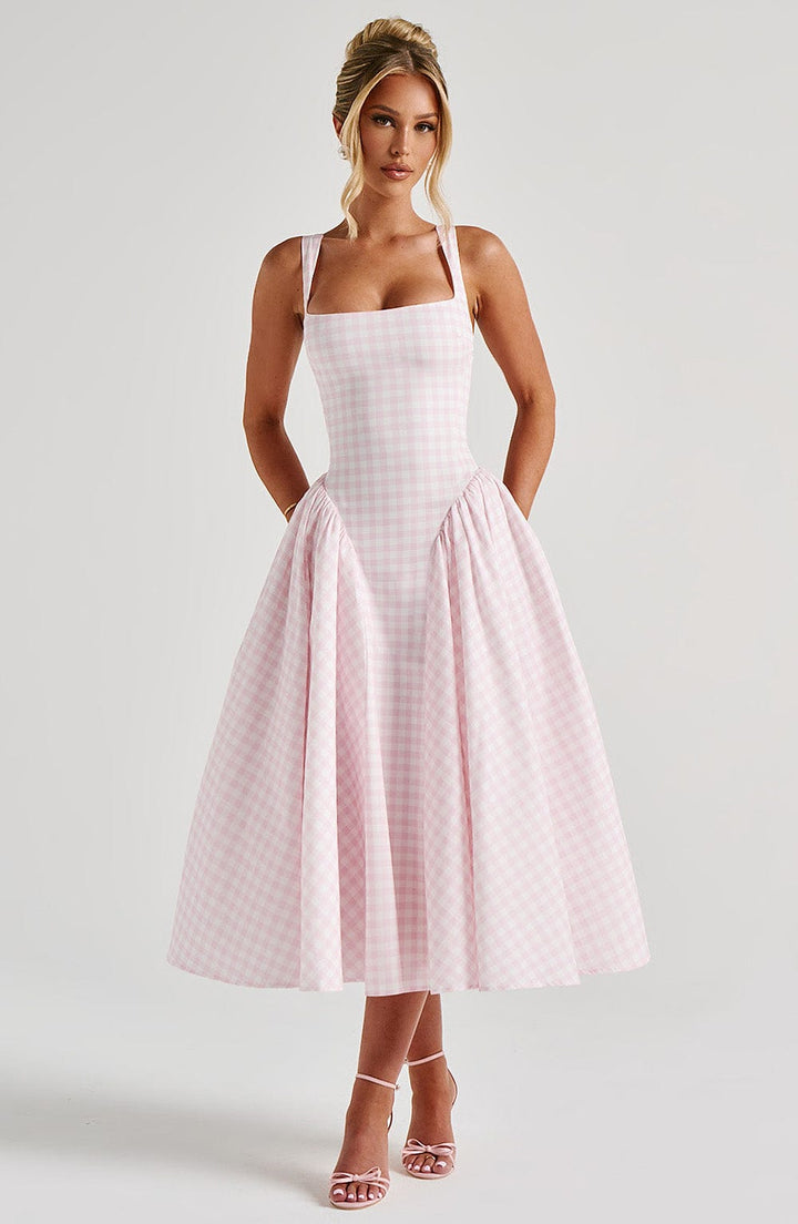 Women pink gingham midi dress front view with square neckline and wide straps
