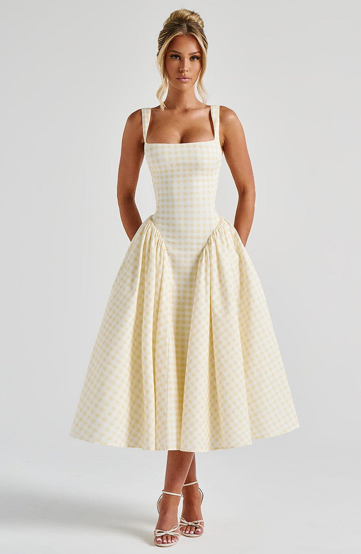 Women Spring Elegant Gingham Midi Prom Dress