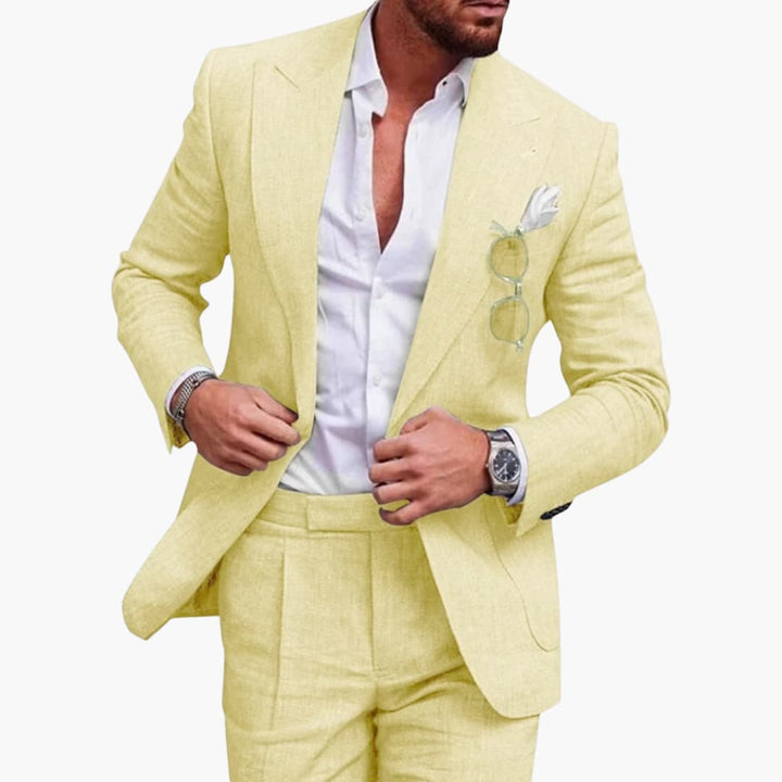 Soft taupe formal business suit with pleated trousers front view