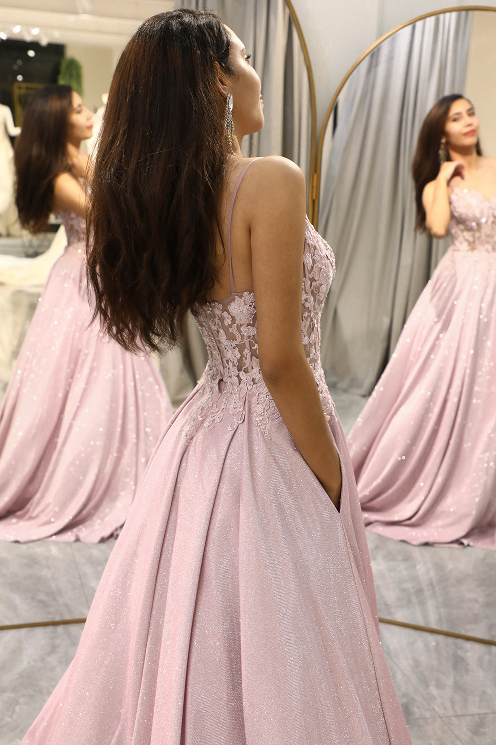 Women light pink embellished sweetheart neck maxi dress detailing on side with pockets