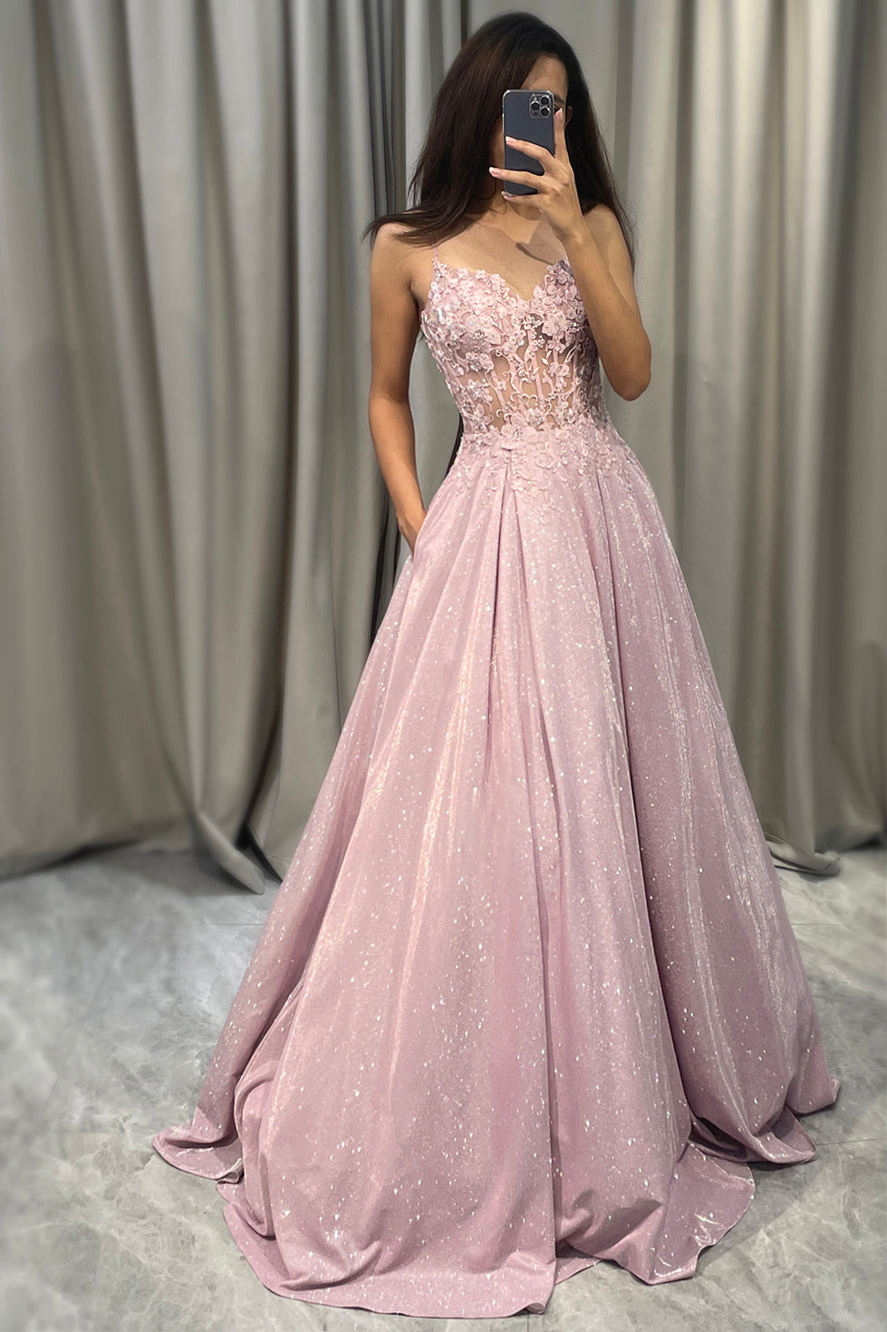 Women light pink embellished sweetheart neck maxi dress with full shimmering skirt, front view