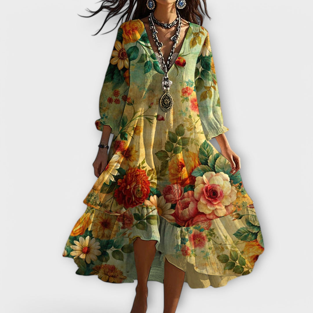Women green floral maxi dress with V-neckline and long sleeves, front view
