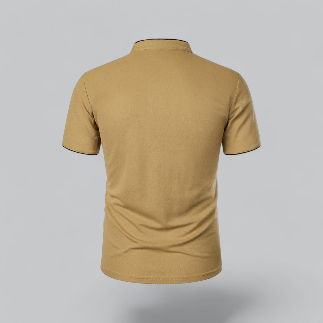 Back view of tan collarless polo shirt with short sleeves