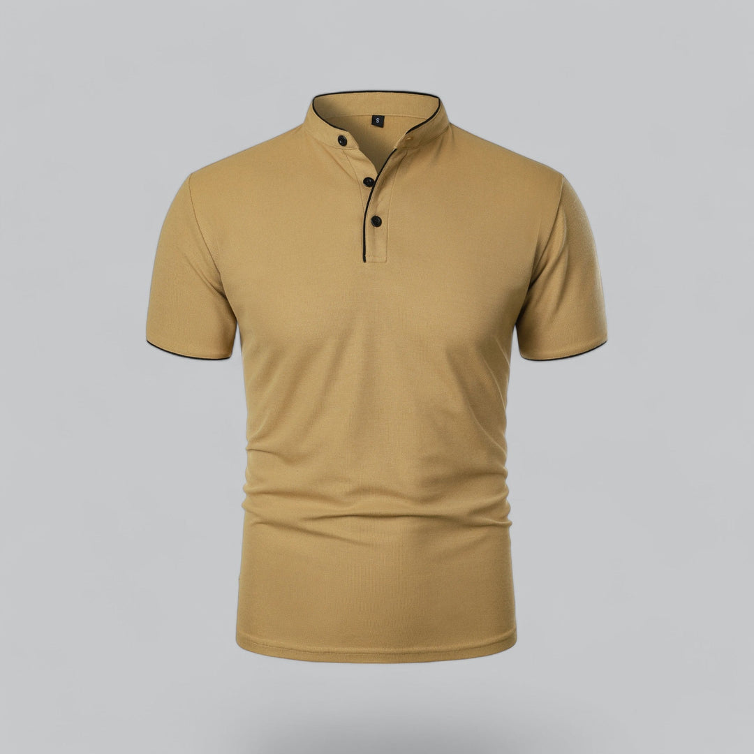 Tan short sleeve collarless polo shirt with button placket front view
