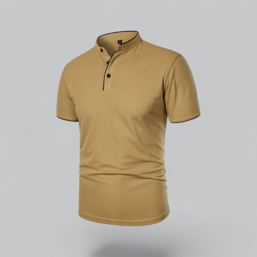 Tan short sleeve collarless polo with button detail side angle