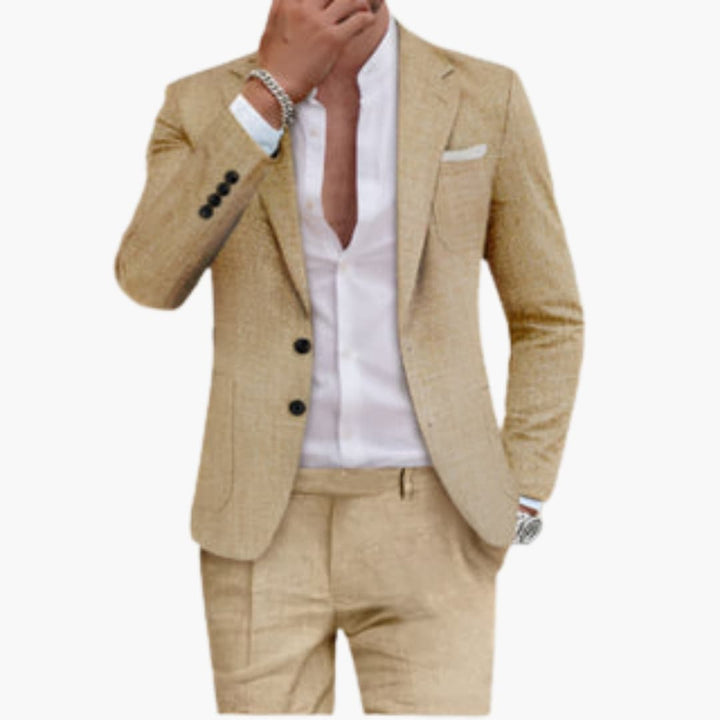 Tan cotton summer suit with single-breasted button blazer and tailored trousers front view