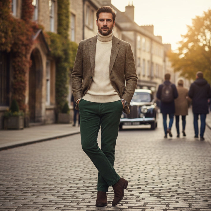 Tan herringbone wool blazer paired with cream turtleneck and green trousers