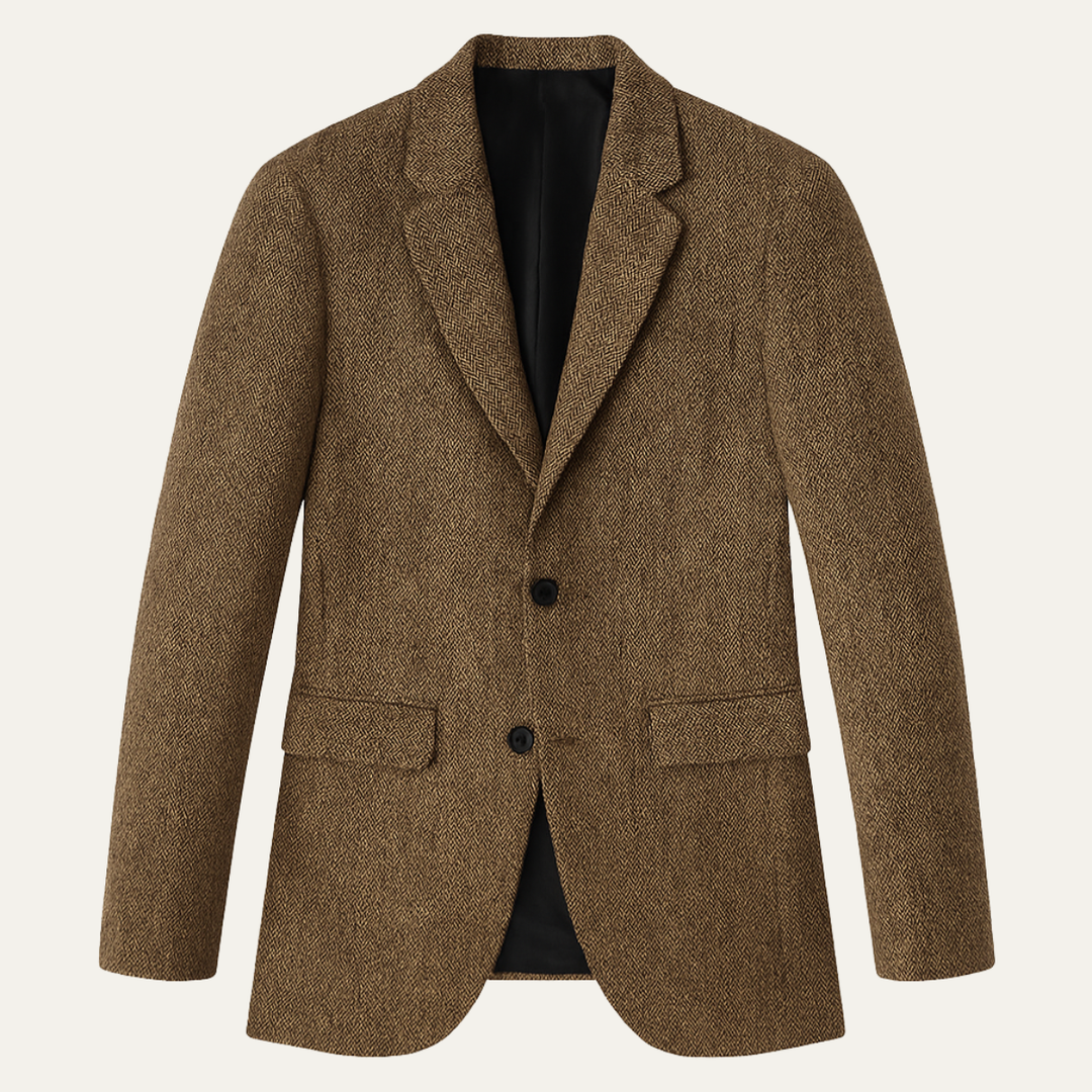 Tan wool herringbone tailored blazer with notch lapels and black buttons