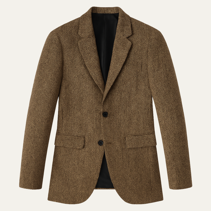 Tan wool herringbone tailored blazer with notch lapels and black buttons