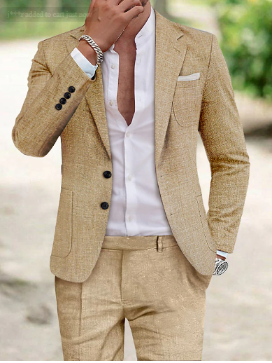 Men's tan linen blend formal suit set with structured blazer and flat front trousers, professional styling