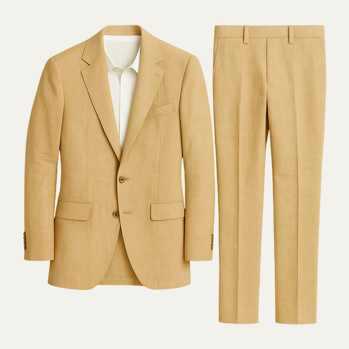 Tan linen blend two-piece suit with blazer and flat-front trousers displayed flat