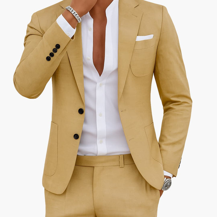 Tan two-piece formal suit with notched lapel jacket, button closure, and matching trousers