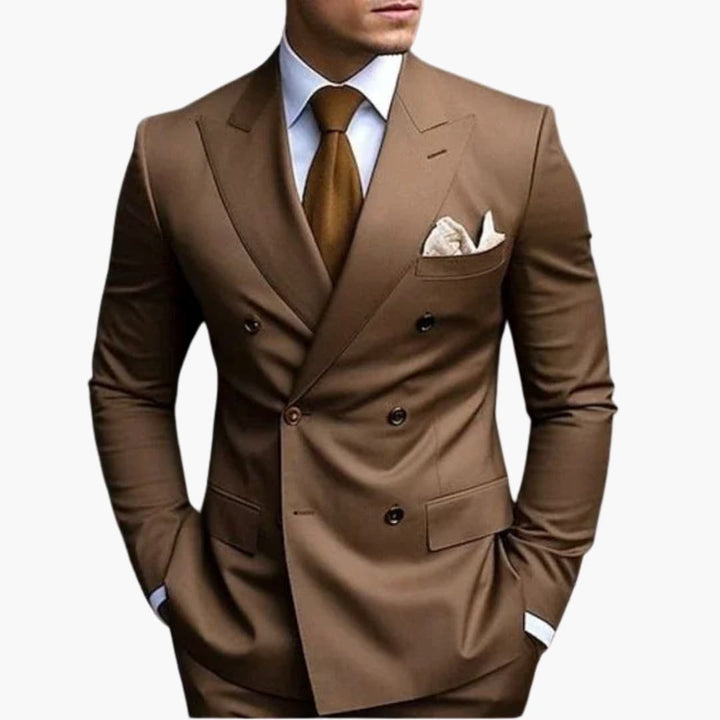 Taupe double-breasted formal suit with peak lapel and brown tie