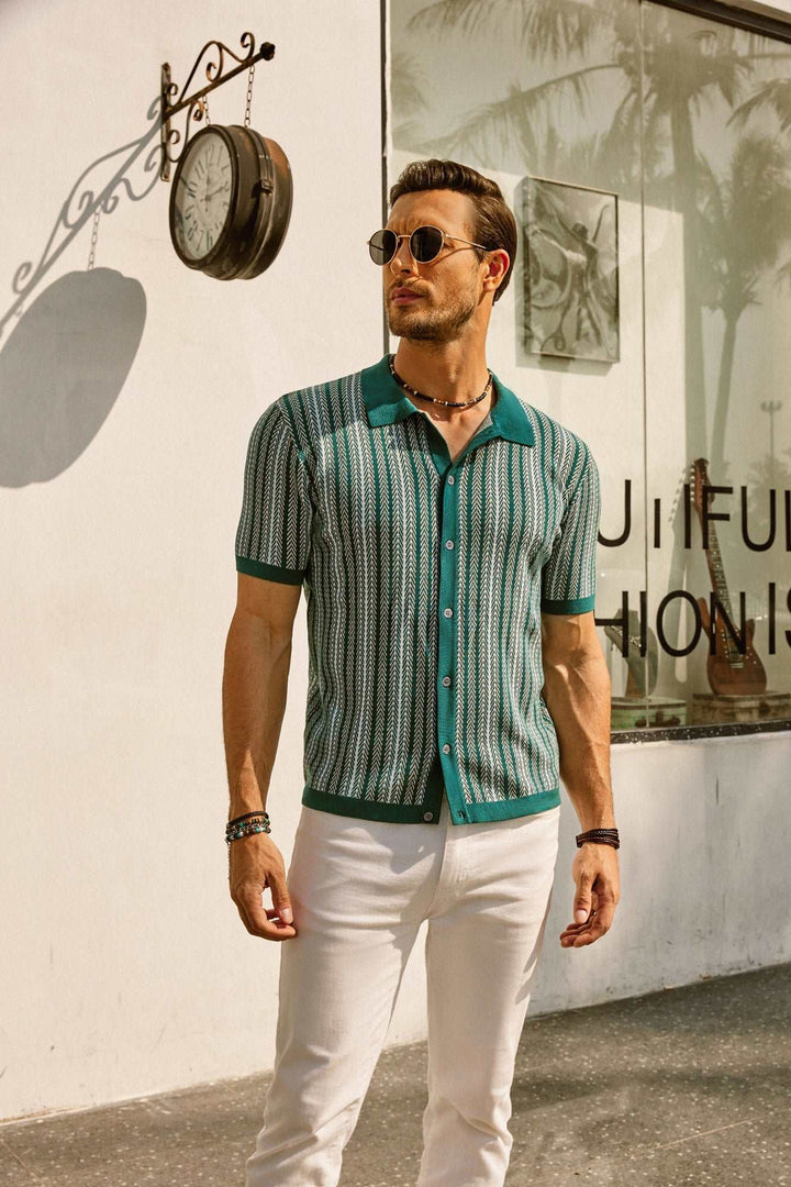 Teal and cream striped short sleeve polo with green contrast collar and trim